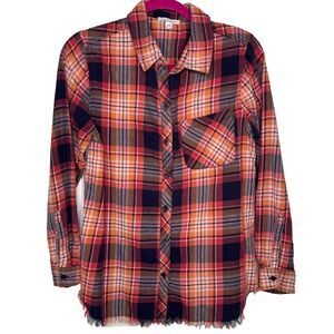 Anthropologie BeachLunchLounge Elyse Flannel Plaid Shirt Women's Med Frayed Hem